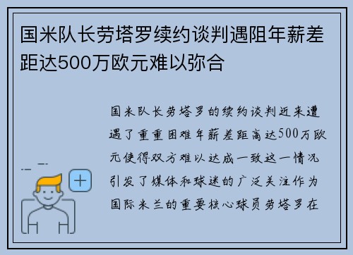 国米队长劳塔罗续约谈判遇阻年薪差距达500万欧元难以弥合